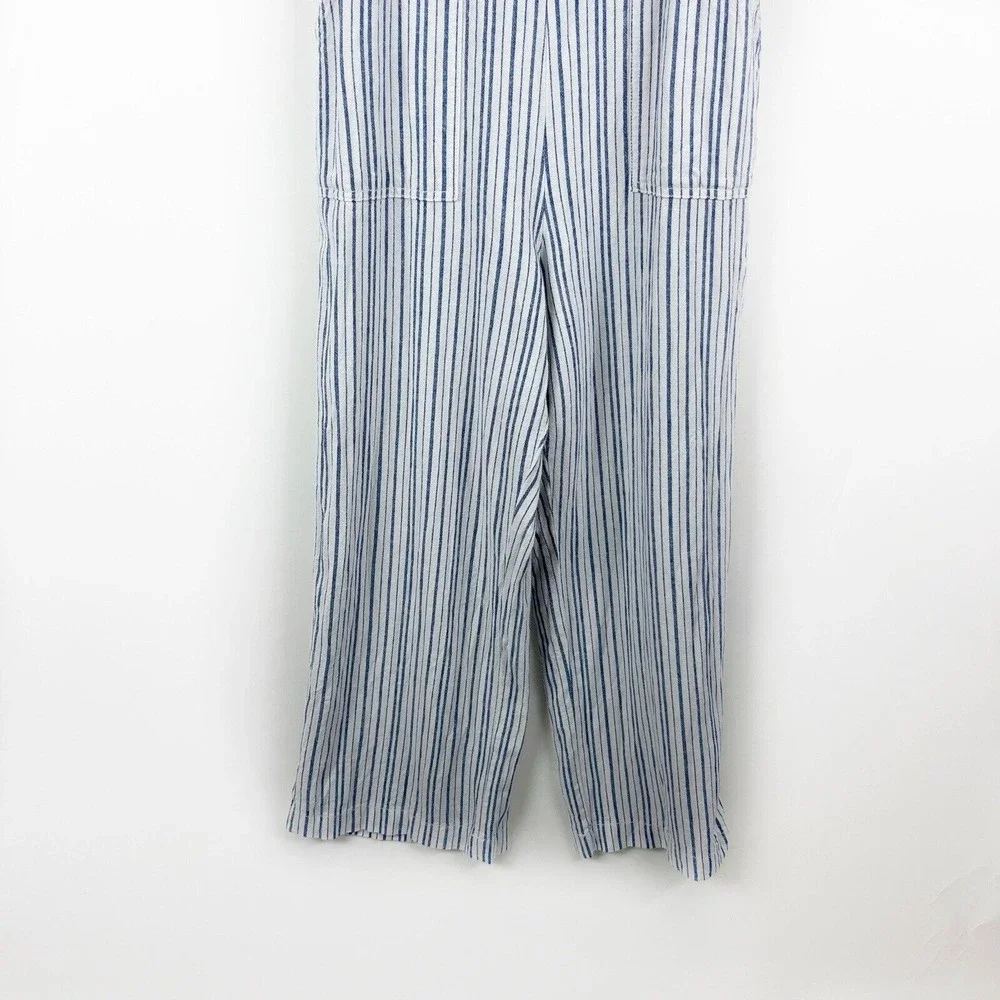 Old Navy Linen Cropped Jumpsuit Smocked Back Blue Stripe Boho Lagenlook - Picture 3 of 16